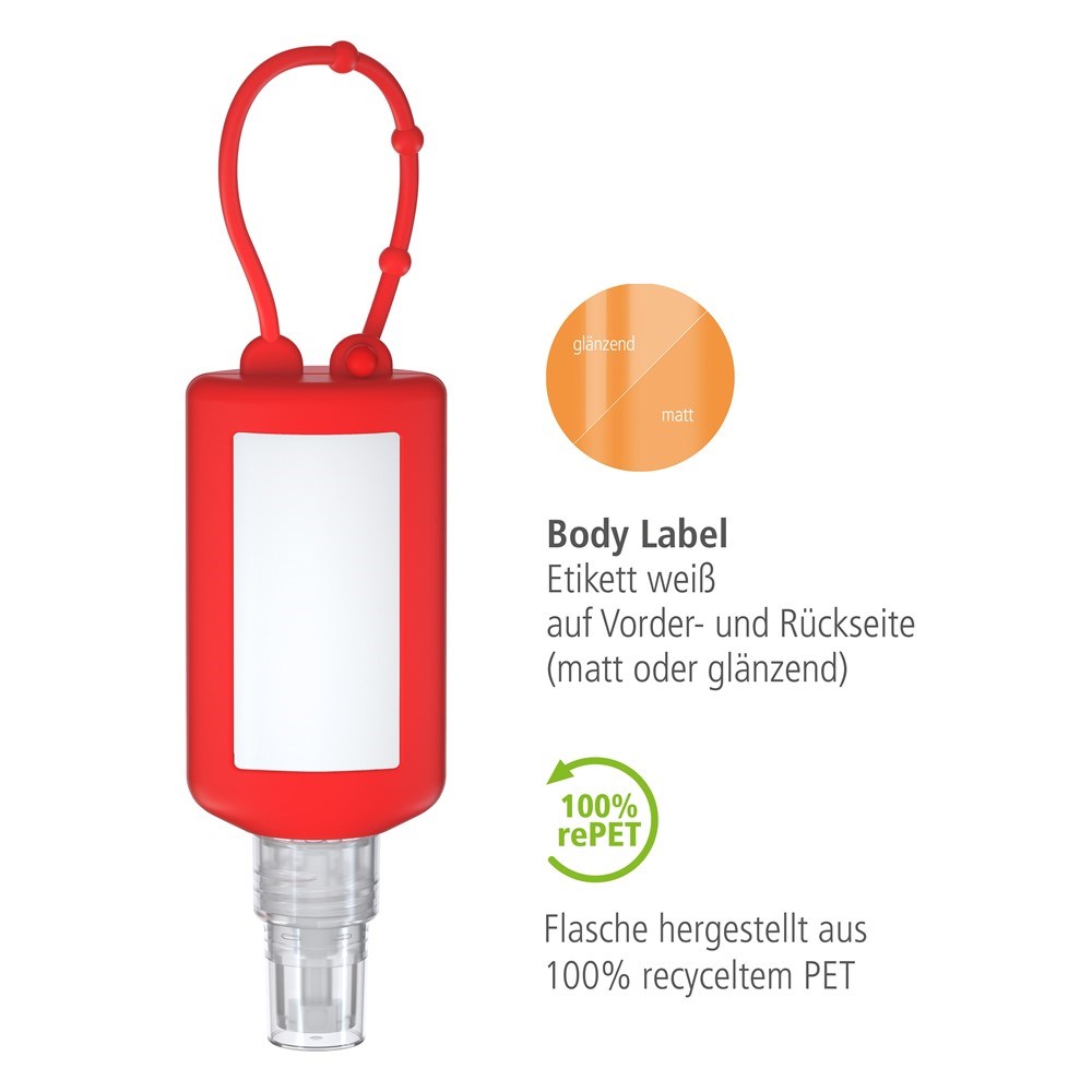 Hände-Desinfektionsspray (DIN EN 1500), 50 ml Bumper rot, Body Label (R-PET)