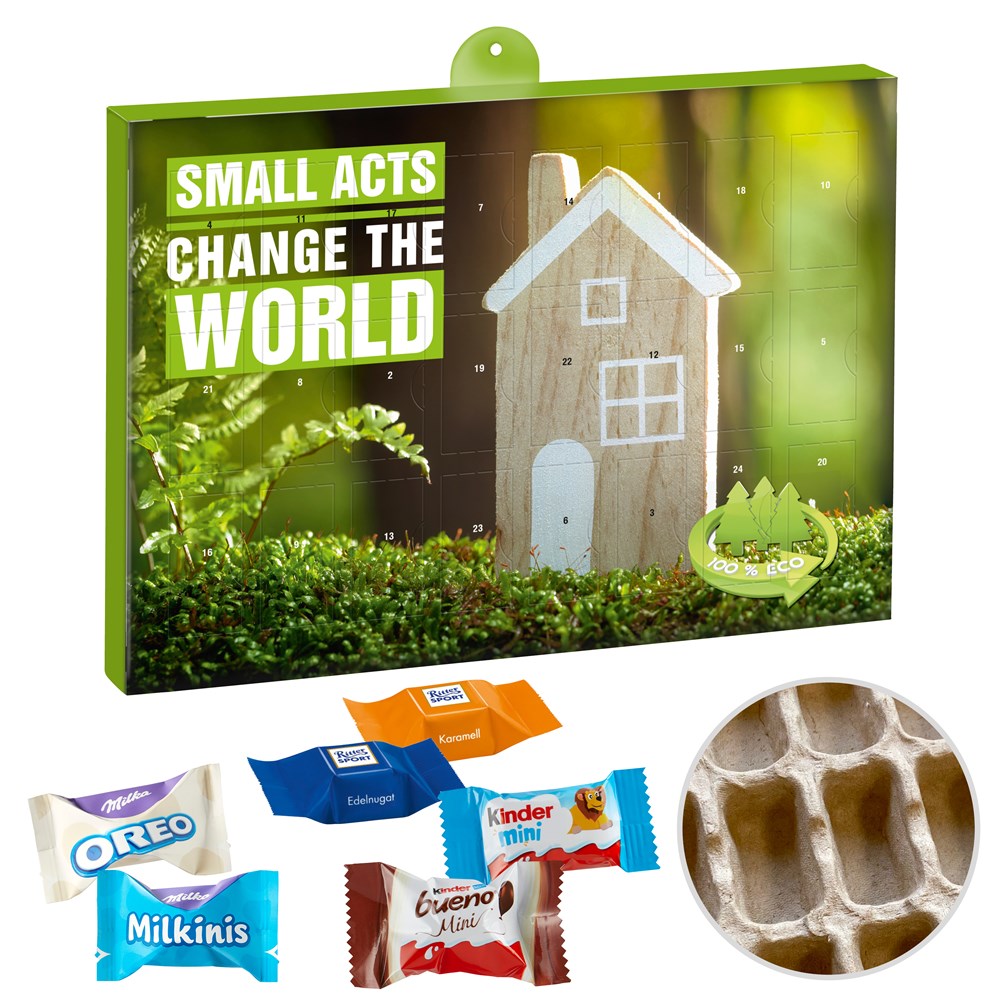 Premium Gift Advent Calendar "Eco" BUSINESS with Ritter Sport Choco Cubes, Milka Moments, Kinder Chocolate Mini & Kinder bueno Mini Mix