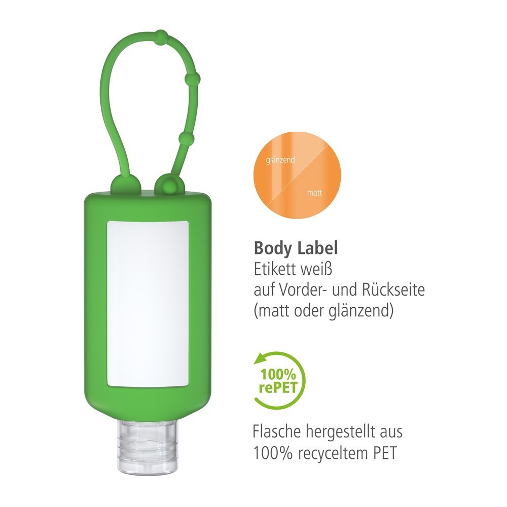 Hände-Desinfektionsgel (DIN EN 1500), 50 ml Bumper grün, Body Label (R-PET)