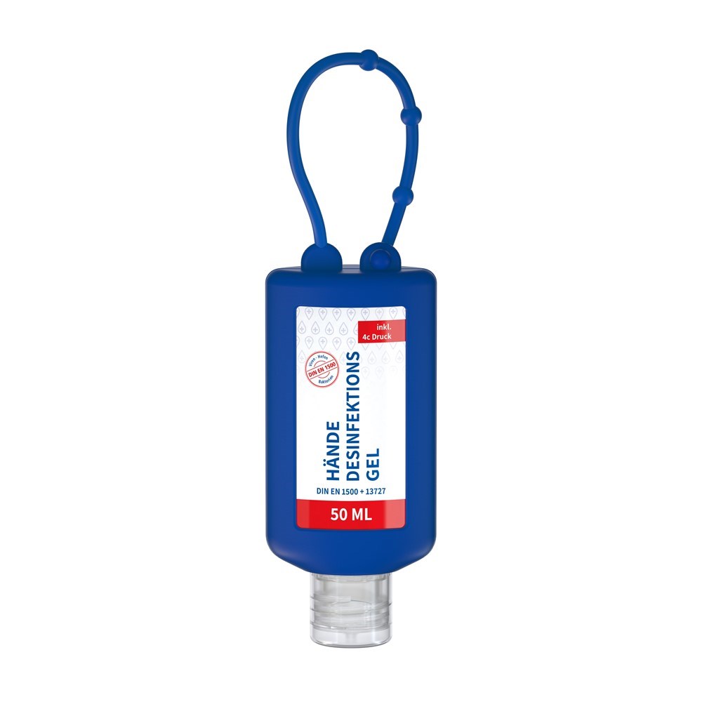 Hände-Desinfektionsgel (DIN EN 1500), 50 ml Bumper blau, Body Label (R-PET)